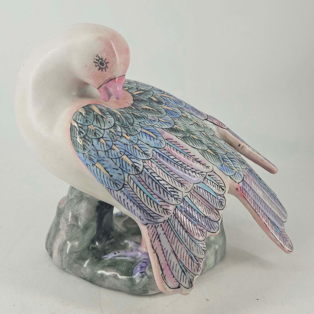 Vintage Chinoiserie ceramic dove figurine hand painted pastel feather